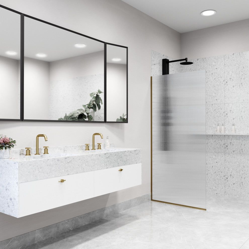 VIGO Zenith Frameless Fixed, Matte Gold, Shower Screen, 34" W X 74" H, Fluted Glass