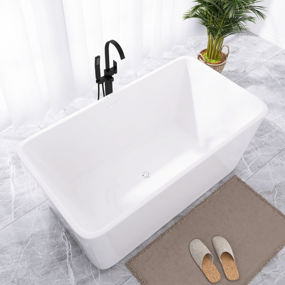 67 in. Acrylic Rectangular Flatbottom Freestanding Soaking Bathtub in White