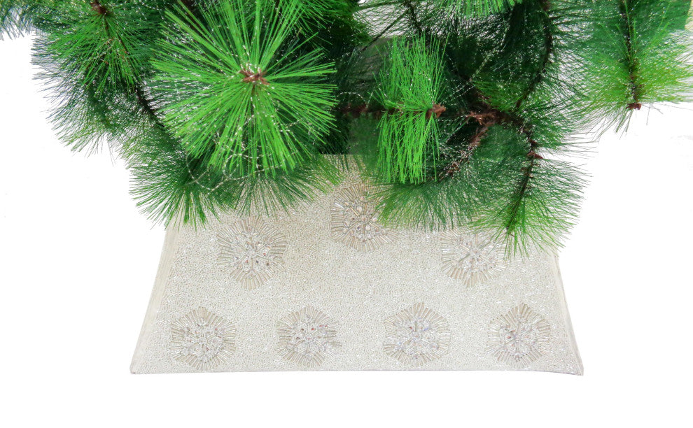 Hand Beaded Christmas Tree Collar, White Embroidered Starbursts
