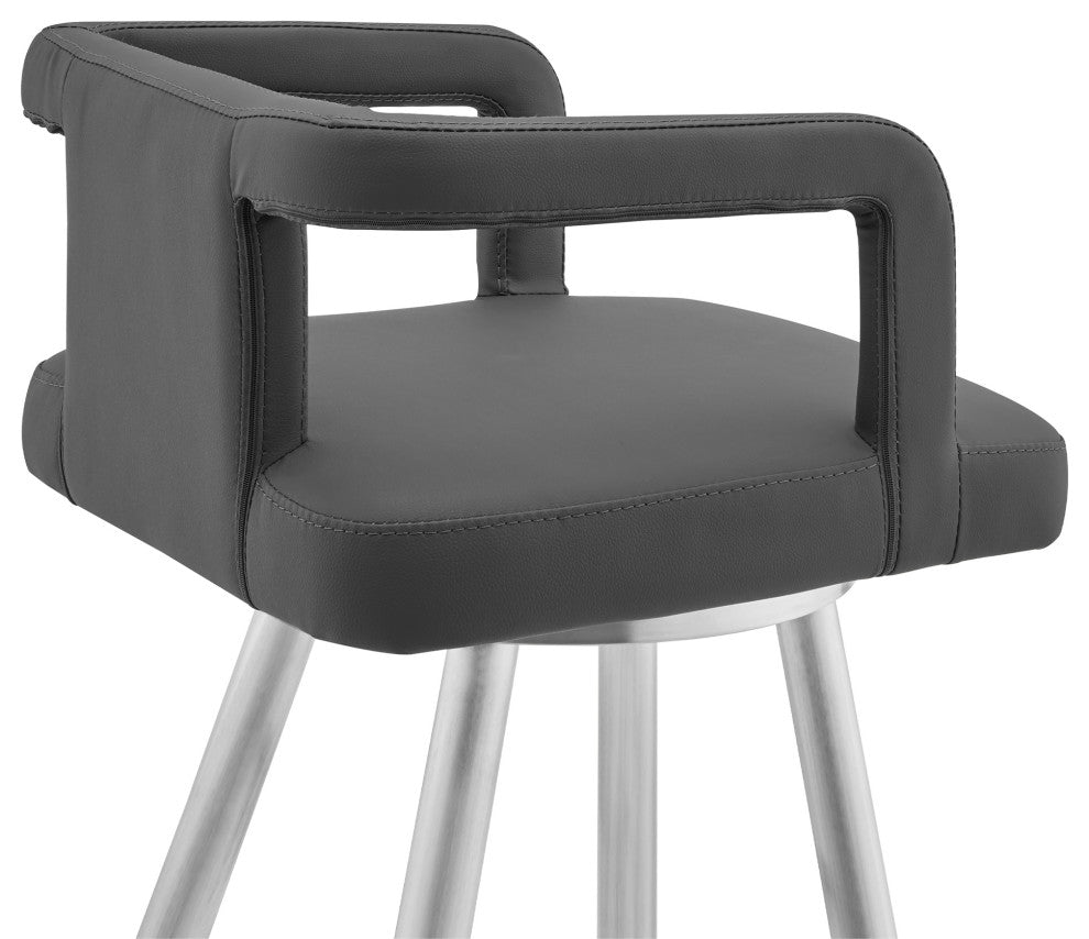Gabriele 26" Gray Faux Leather and Brushed Stainless Steel Swivel Bar Stool