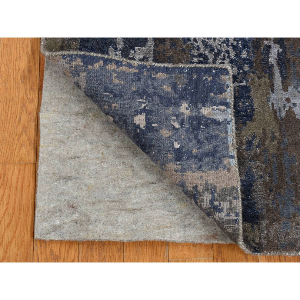 Blue, Hand Knotted, Abstract Design, Wool and Silk, Runner Rug, 2'8"x8'1"