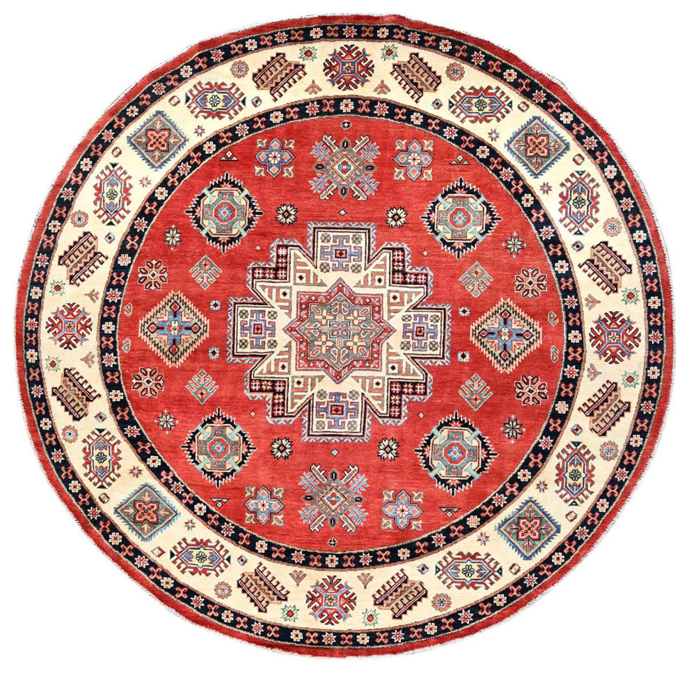 Red, Special Kazak, Pure Wool, Hand Knotted, Round Oriental Rug, 8'x7'9"