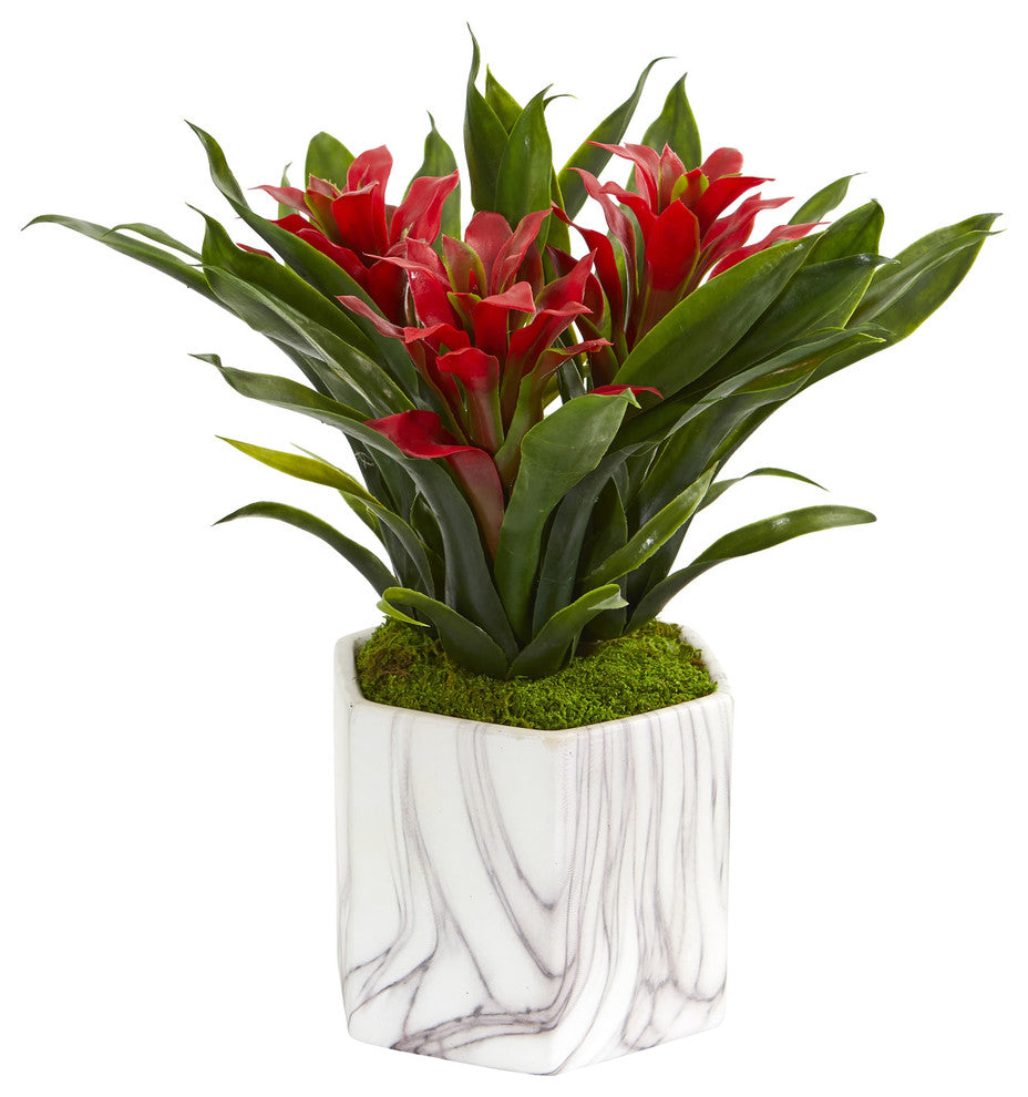 Nearly Natural Bromeliad Artificial Plant in Marble Finished Vase Red