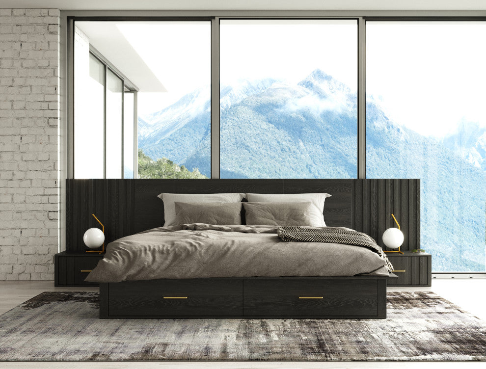 Modrest Manchester- Platform Dark Grey Bed With Two Nightstands, Queen