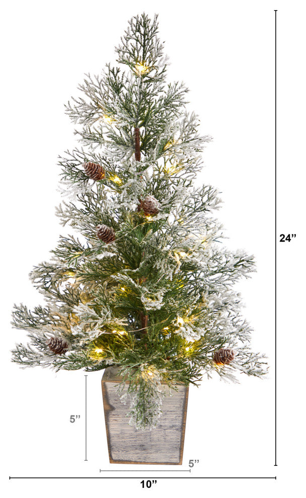 2' Frosted Pre-Lit Artificial Christmas Tree With Pinecones, Decorative Planter