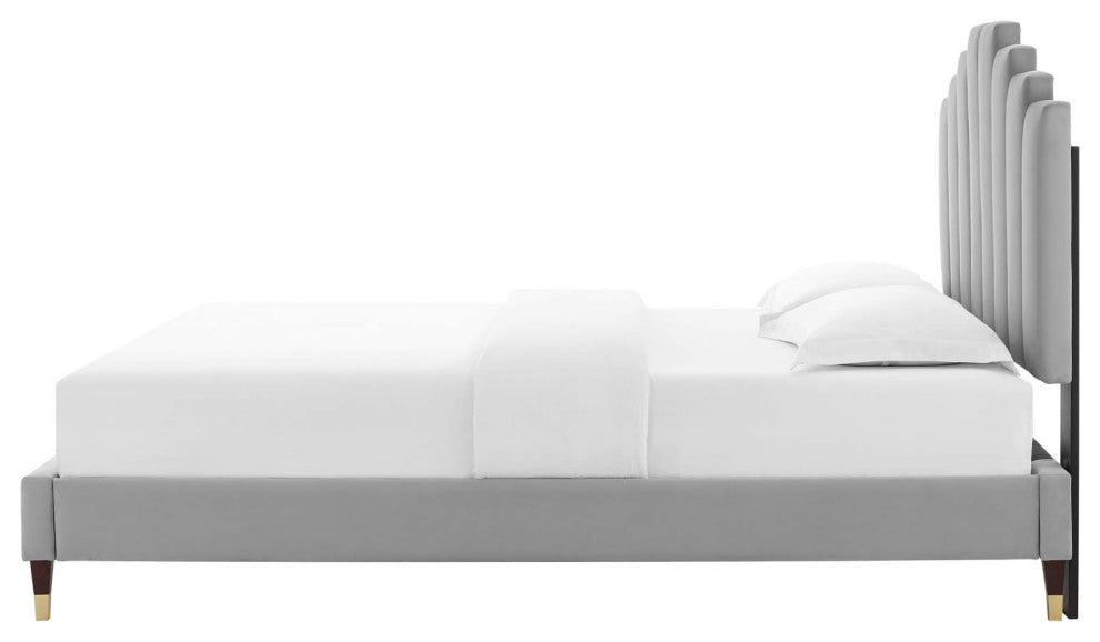 Platform Bed Frame, Full Size, Velvet, Light Gray, Modern Contemporary