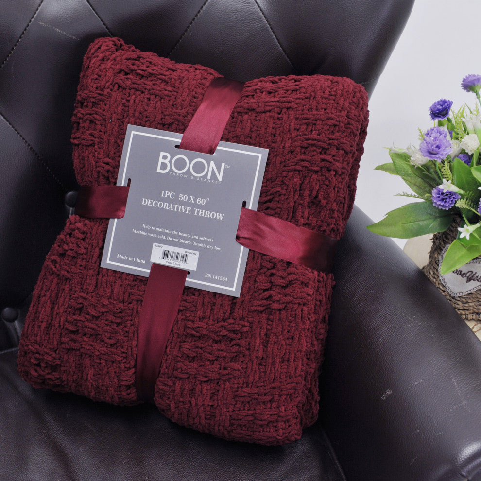 Cable Knitted Throw Blanket, Burgundy, 60" X 80"