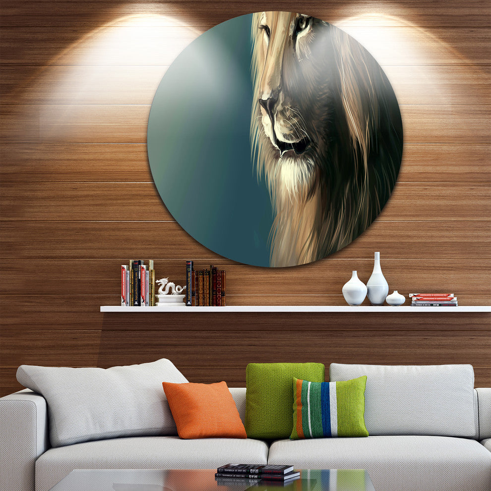 Lion With Serious Look, Animal Art Disc Metal Wall Art, 23"