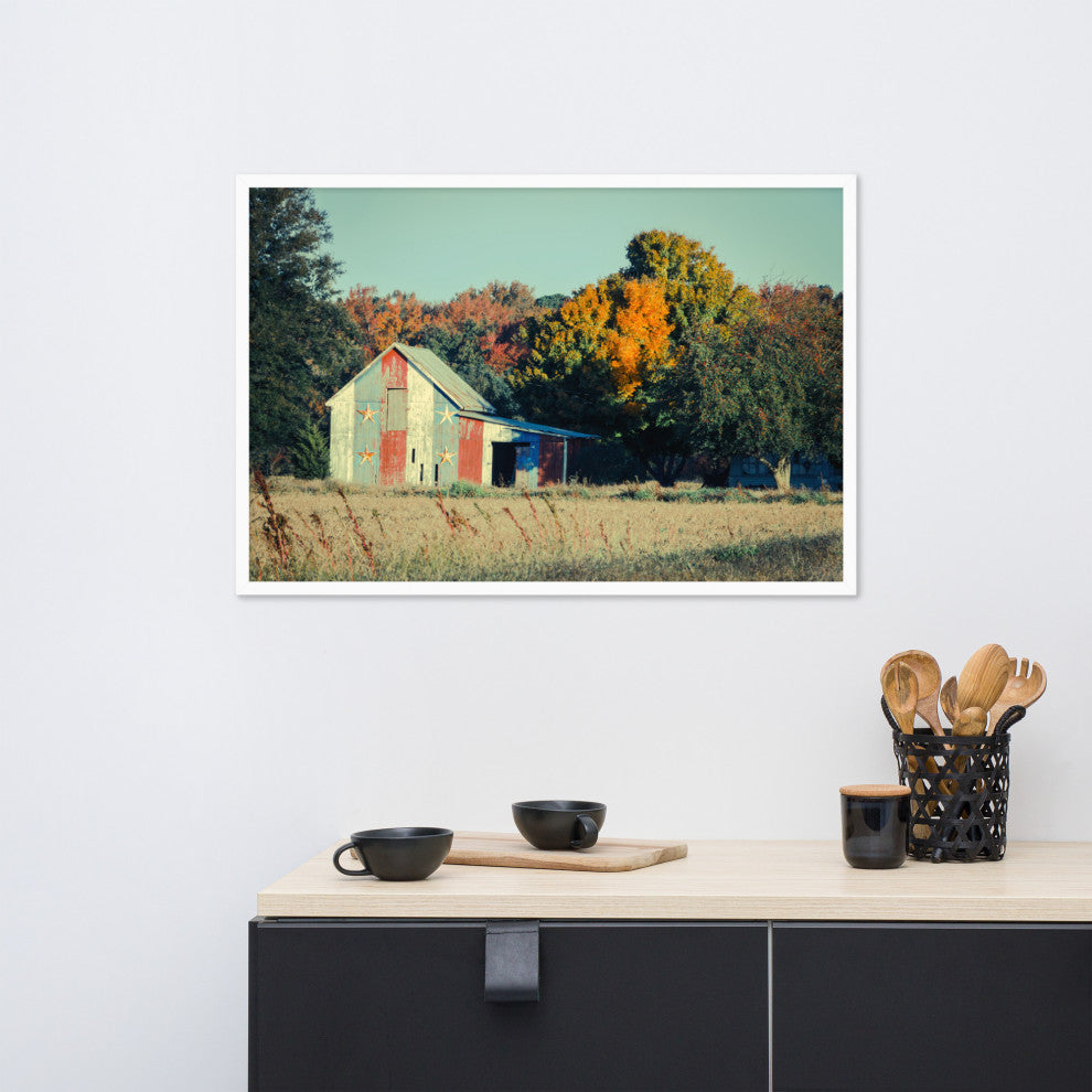 Patriotic Weathered Barn in Field Cross Processed Framed Photo Wall Art Prints, White, 24" X 36"