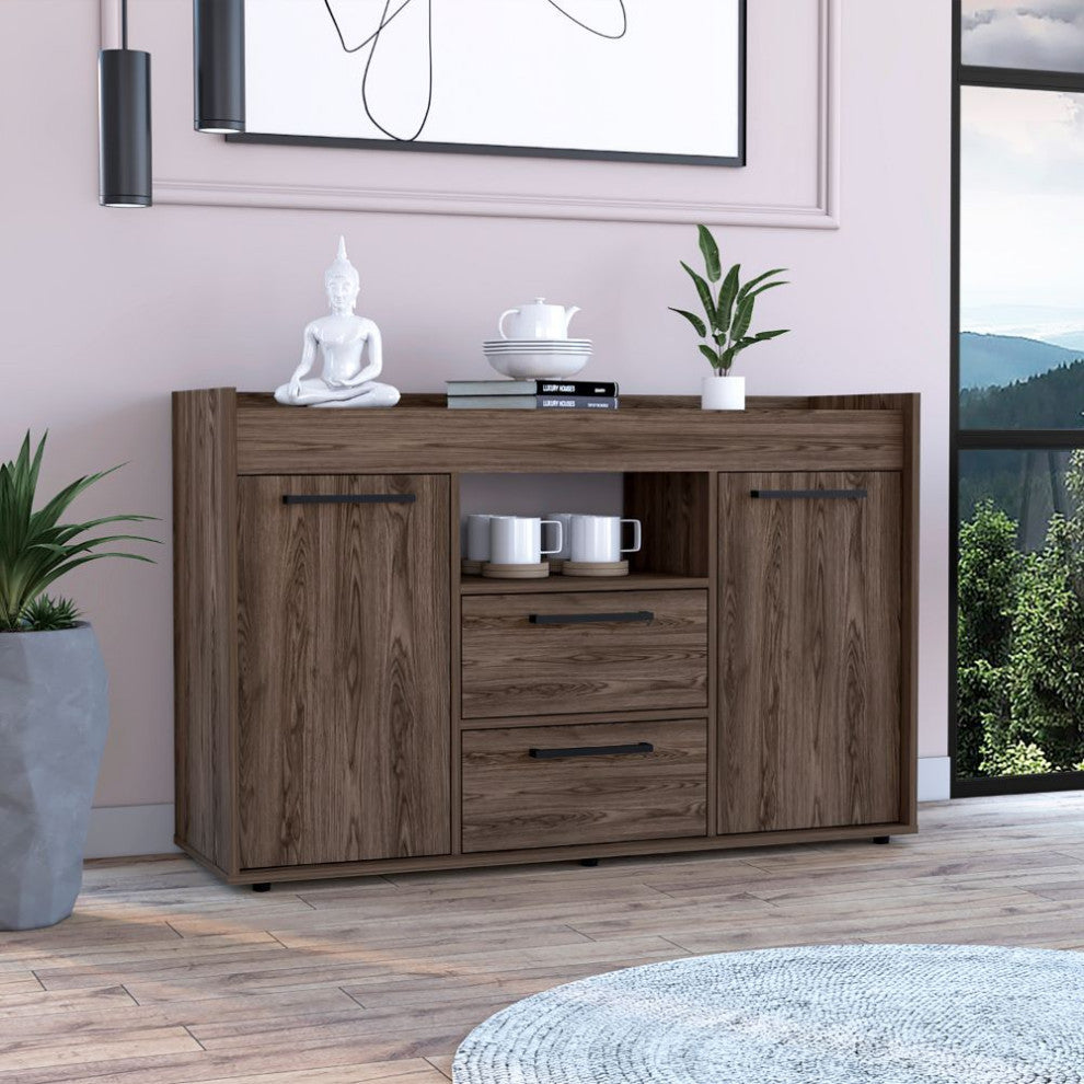 Ilumina Sideboard with 2 Cabinets, 2 Drawers, and 1 Open Shelf, Dark Walnut