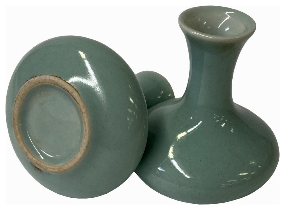 2 x Chinese Clay Ceramic Wu Celadon Green Small Vase Container Hws1619