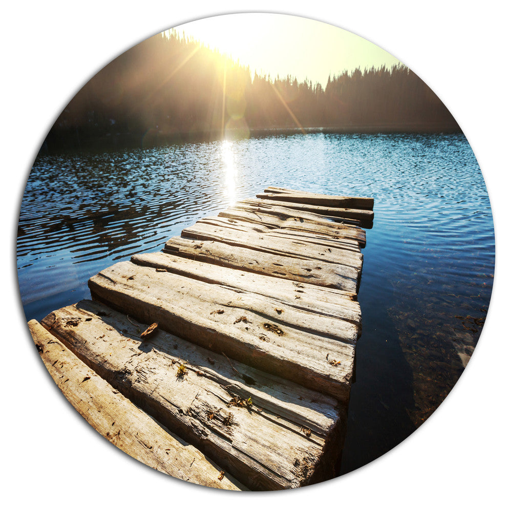 Wooden Pier Into The Lake, Seashore Large Disc Metal Wall Art, 11"