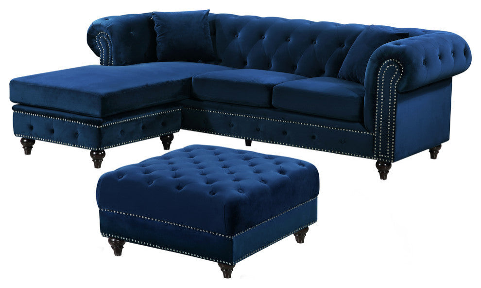 Sabrina Velvet 2-Piece Reversible Sectional, Navy