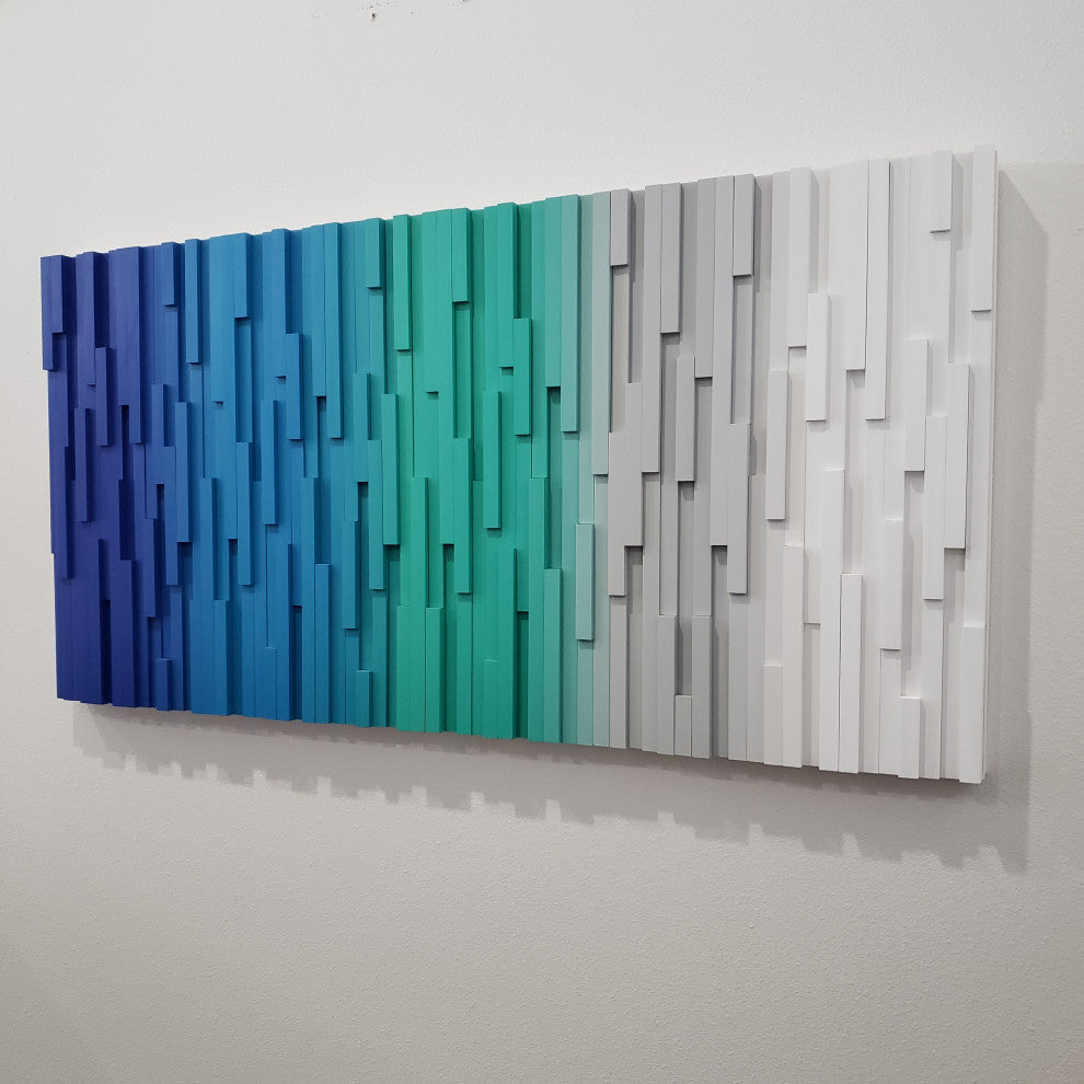 Modern Wood Wall Art Blue Ocean Transitional Ombre, 24"x48"