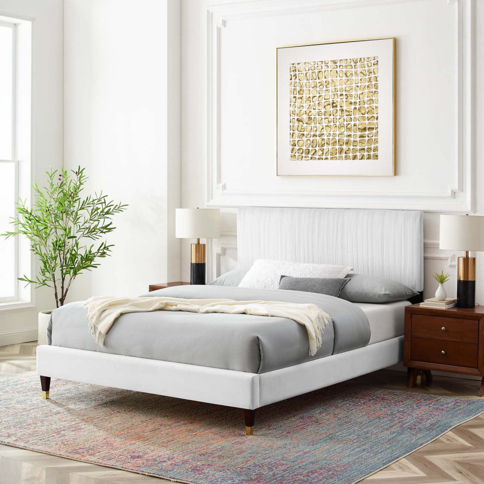 Platform Bed Frame, Full Size, Velvet, White, Modern Contemporary, Bedroom