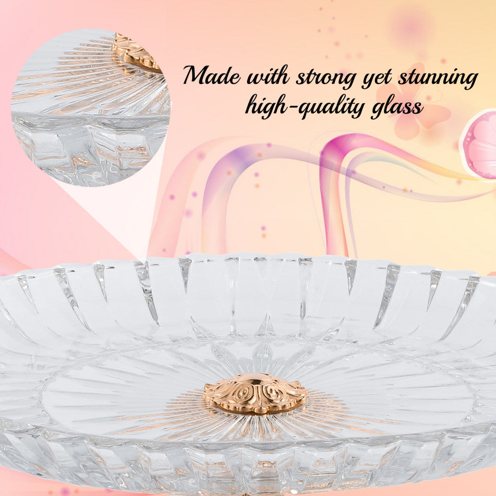 Crystal Cake Dish Round Serving Platter With Rose Gold Plated Pedestal Base