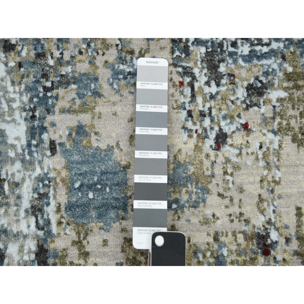 Blue Gray, Hand Knotted Abstract Design, Pure Wool Oriental Rug, 3'0"x5'2"