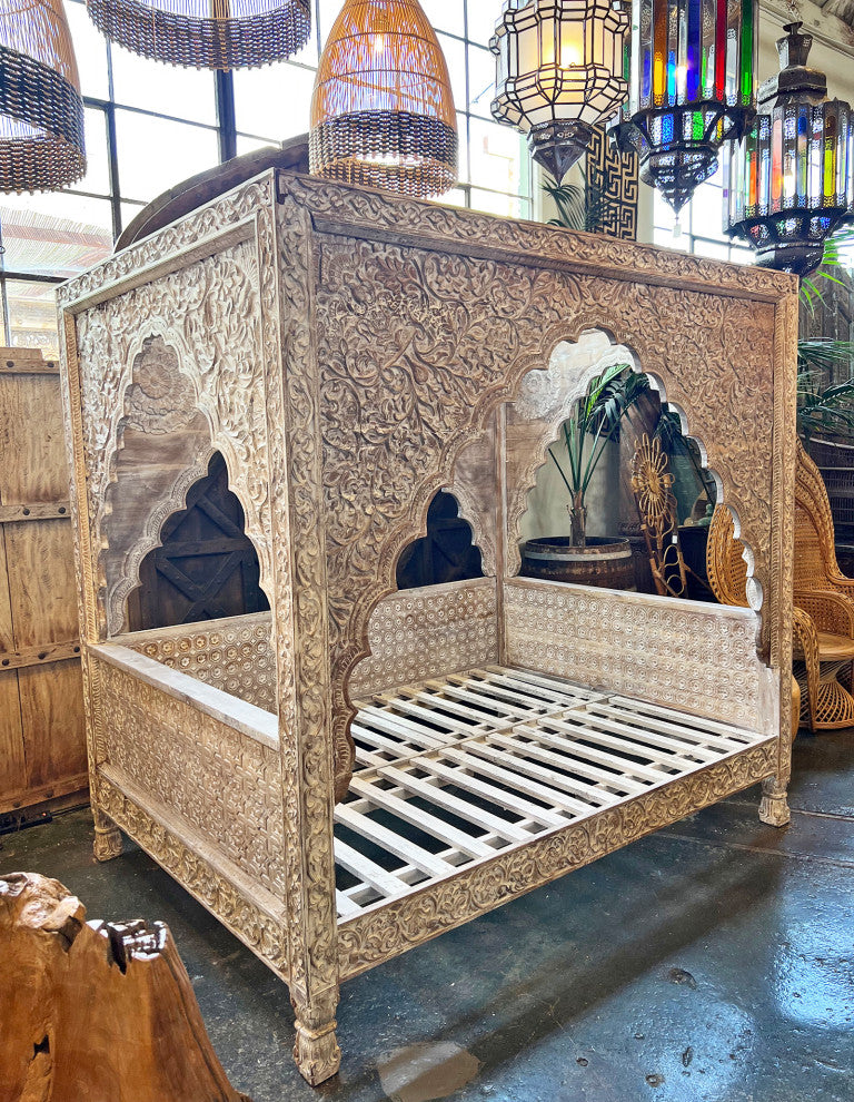Carved White Wash Canopy Queen Daybed