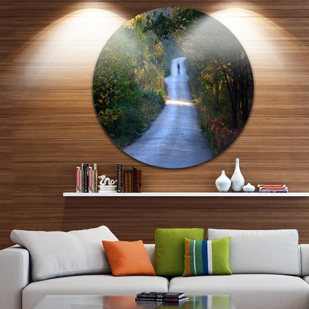 Walking Alone On Road, Landscape Photo Round Wall Art, 11"