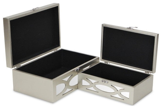 Set of Two Tan Oval Scroll Mirror Jewelry Storage Boxes