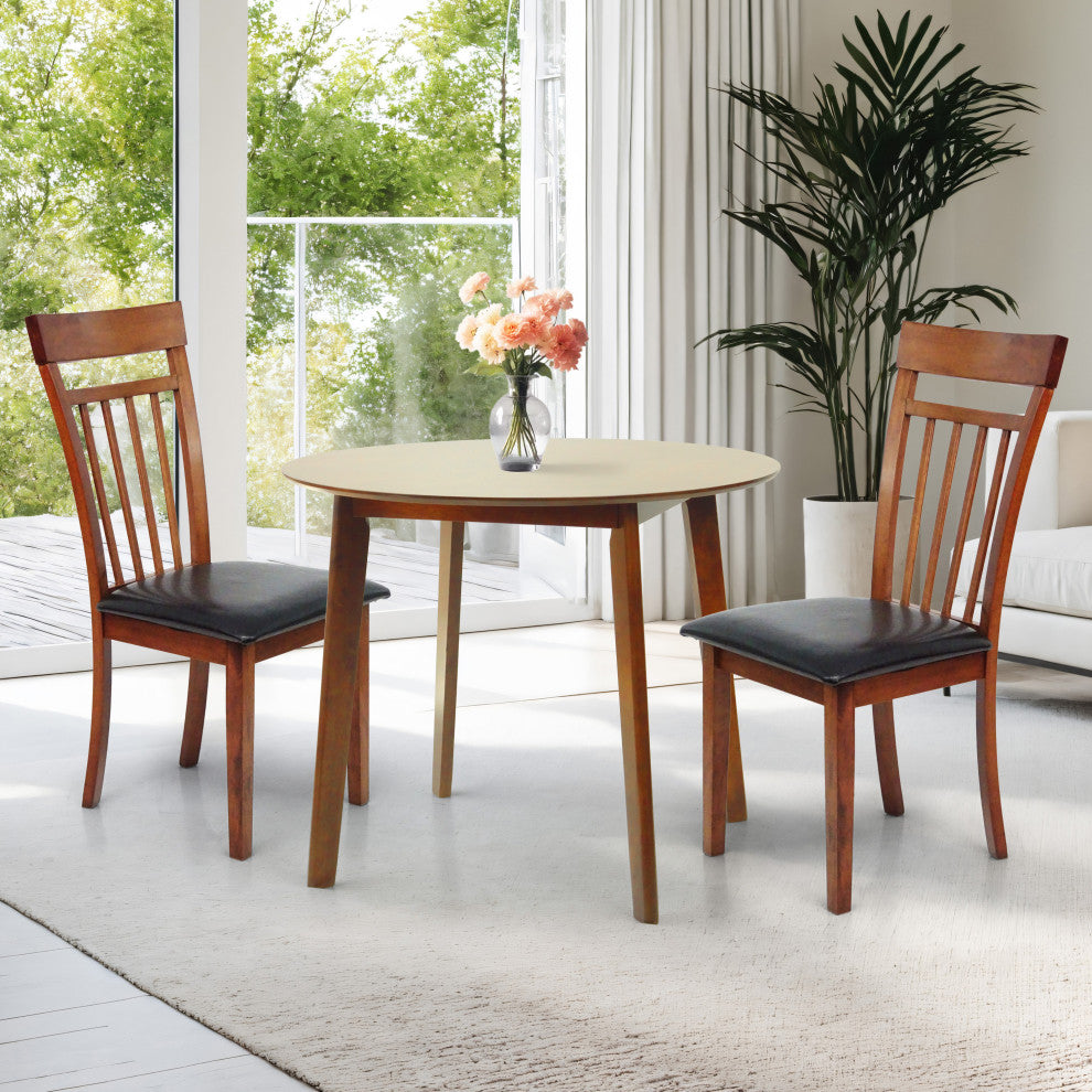 Set of 2 Classic Style Solid Wood Warm Dining Chairs, Medium Brown/Pu Leather