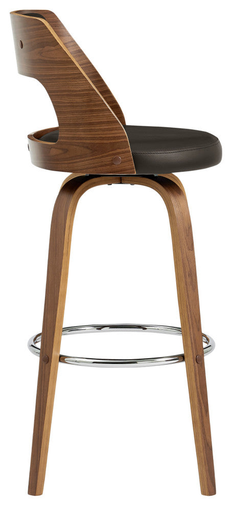 30" Retro Mod Brown Faux Leather and Walnut Swivel Counter Stool