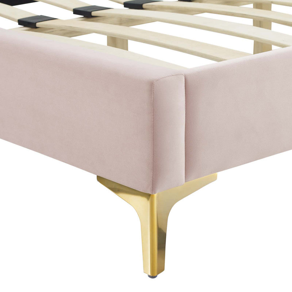 Platform Bed Frame, Queen Size, Pink, Velvet, Modern, Bedroom Guest Suite