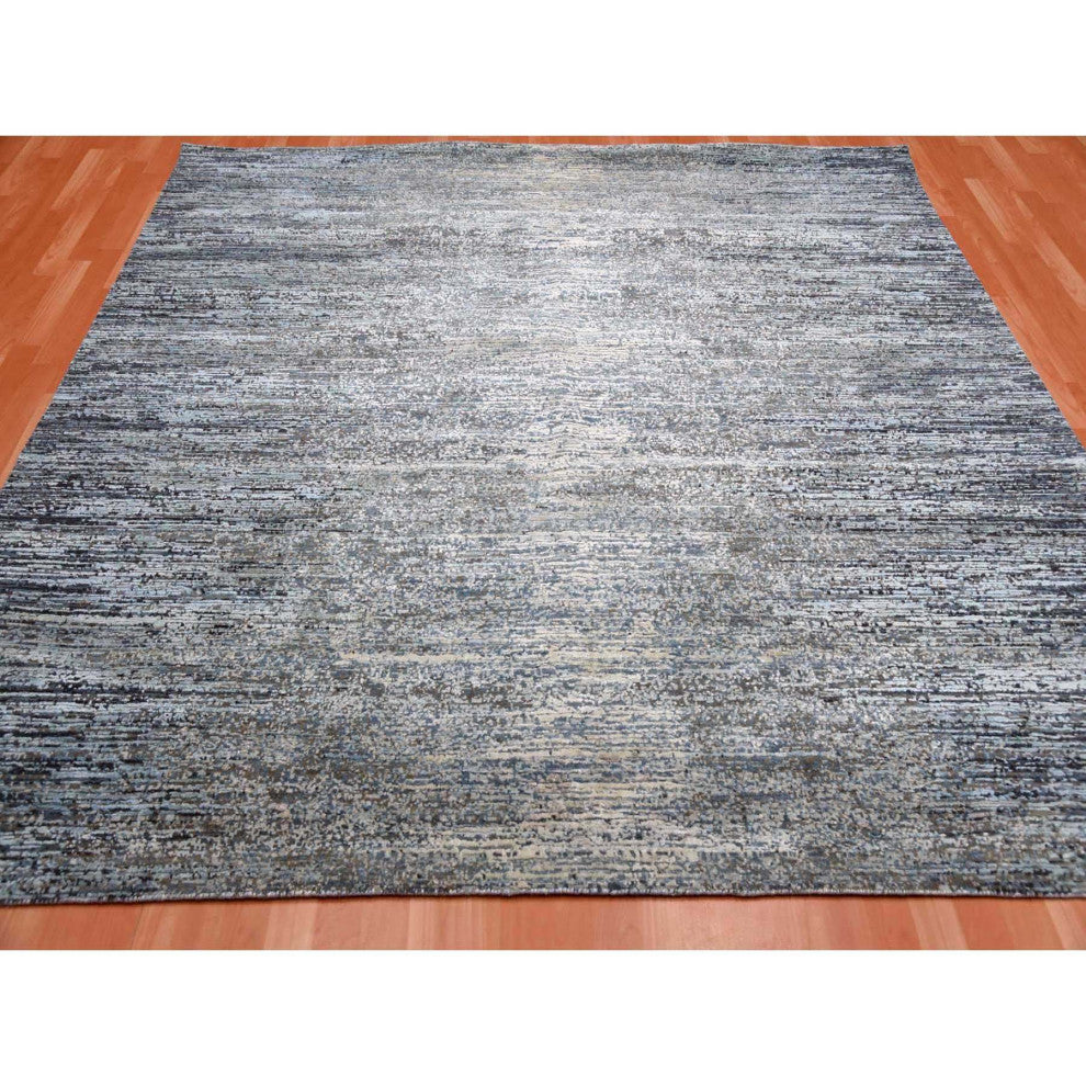 Blue Oceanic Wool and Pure Silk Hand Knotted Oriental Square Rug, 8'0"x8'2"