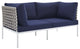 Harmony Sunbrella Basket Weave Outdoor Patio Aluminum Loveseat, Tan Navy