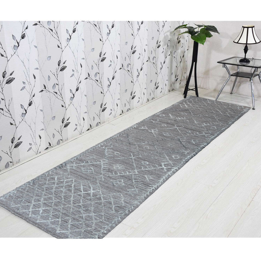 HAND WOVEN FLAT WEAVE KILIM POLYESTER AREA RUGS -Rectangle,Dark Gray,Geometric, [Runner] 2'6''x10'