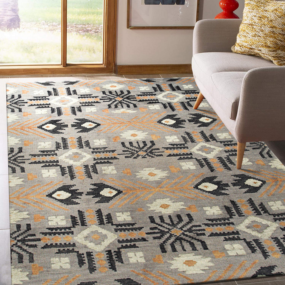 Hand-Knotted Wool Gray Traditional Geometric Piled American Rug, 8'' X 10