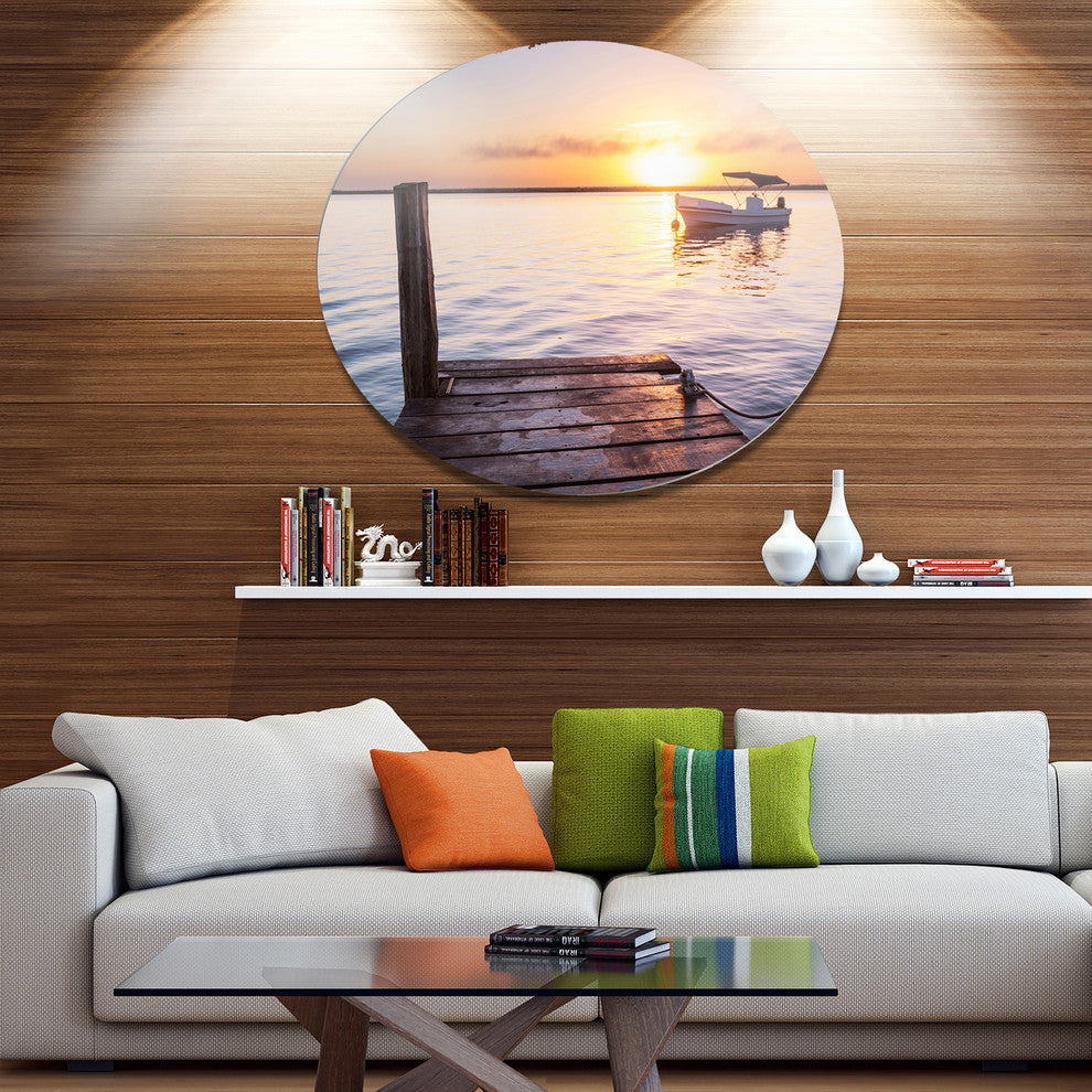 Boat View From Boardwalk On Beach, Seashore Disc Metal Wall Art, 23"