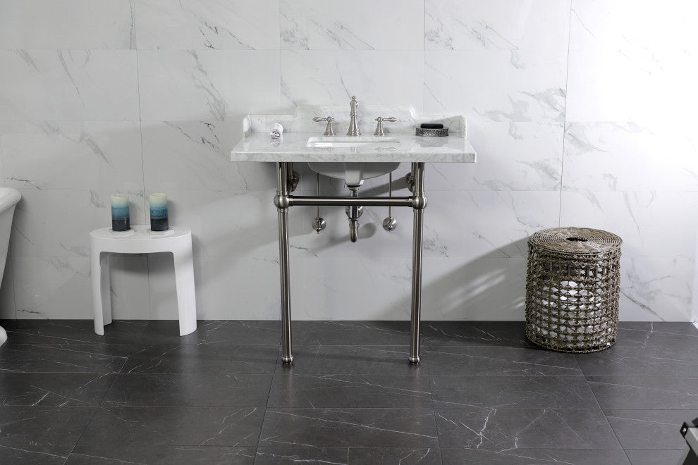 Kingston Brass LMS36MBSQ8 36" Carrara Marble Console Sink, Legs