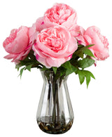16in. Artificial Peony Arrangement, Glass Vase