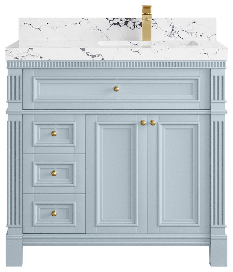 Paris 36" Right Offset Bathroom Vanity, Blue Heather 2" Viola Night