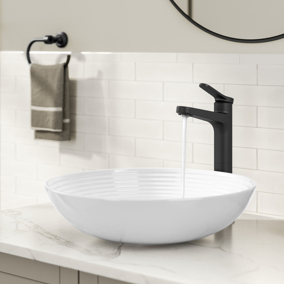 KRAUS Indy Single Handle Vessel Bathroom Faucet Matte Black, Pop Up Drain