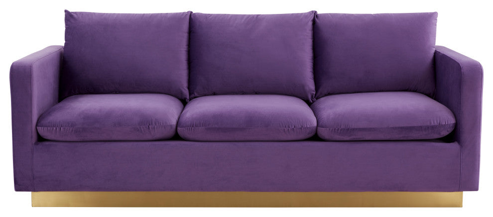 LeisureMod Nervo Modern Velvet Sofa With Gold Base, Purple