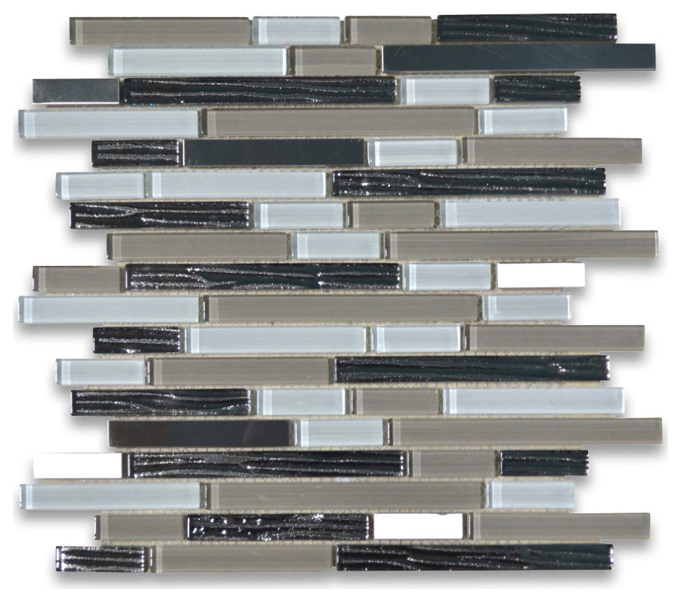 Glass Mosaic Tile Beige White Glass Electroplate Black Stainless Steel, 1 sheet