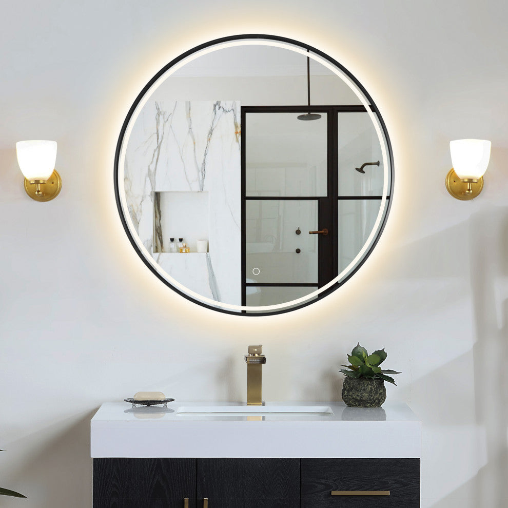 Palme Round Framed Bathroom/Vanity LED Lighted Wall Mirror, Matte Black, 32"
