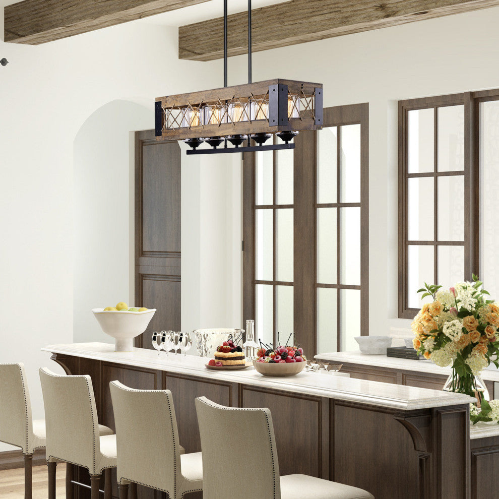 LNC 32" 5-Light Wood Farmhouse Brown Linear Kitchen Island Light