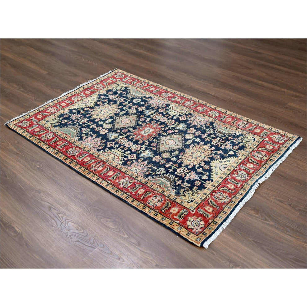 Black With Red Karajeh Design Hand Knotted Wool Oriental Rug, 4'2"x6'