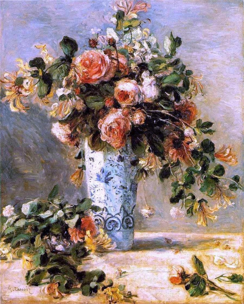 Pierre Auguste Renoir Roses and Jasmine in a Delft Vase Gallery Wrapped Canvas