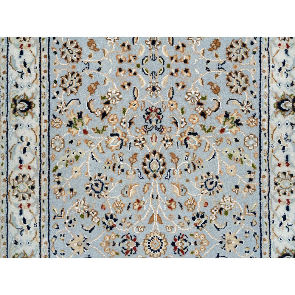 Light Blue, Nain 250 KPSI, Wool and Silk Hand Knotted Runner Rug, 2'6"x13'9"