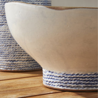 Coastal Blue White Rope Stripe Decorative Bowl Grecian Rustic Clay Ceramic