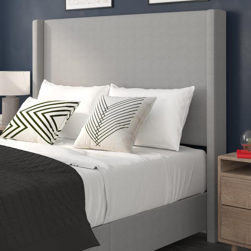 Quinn Upholstered Platform Bed with Channel Stitched Wingback Headboard, Gray, Queen