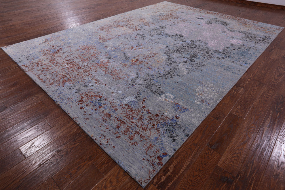 9' 1" X 12' 6" Modern Hand Knotted Wool and Silk Rug Q7074