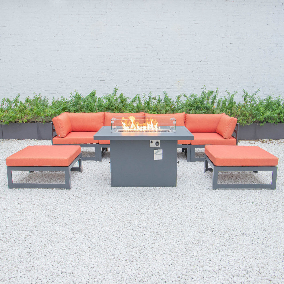 LeisureMod Chelsea 7-Piece Outdoor Sectional With Fire Pit Table, Orange