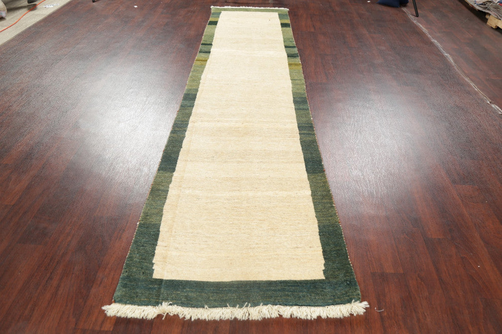 Gabbeh Border Traditional Area Rug Hand-Knotted Persian, Beige, 10'8"x2'7