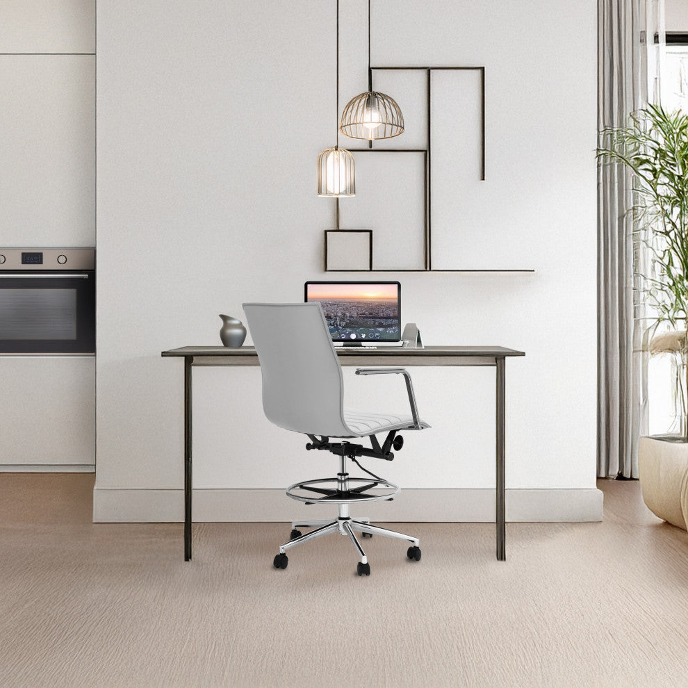 Drafting Chair Upholstered PU Leather Ribbed Mid Back Swivel Armchair, White