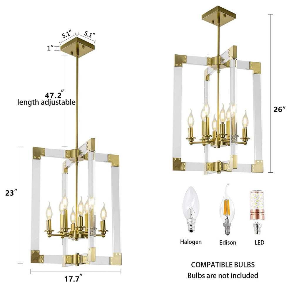 8 Light Modern Acrylic Chandelier Gold Square Pendant Light Fixture